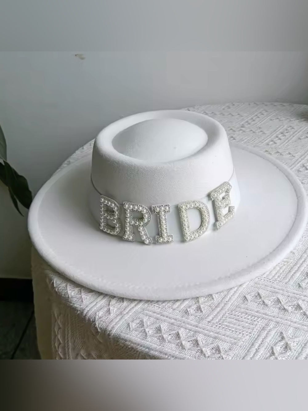 Macy's White Wide-Brim Bride Hat with Pearl Lettering
